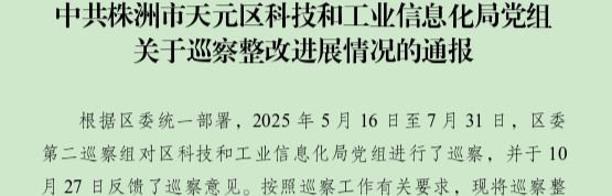 中共株洲市天元区科技和工业信息化局党组关于巡察整改进展情况的通报